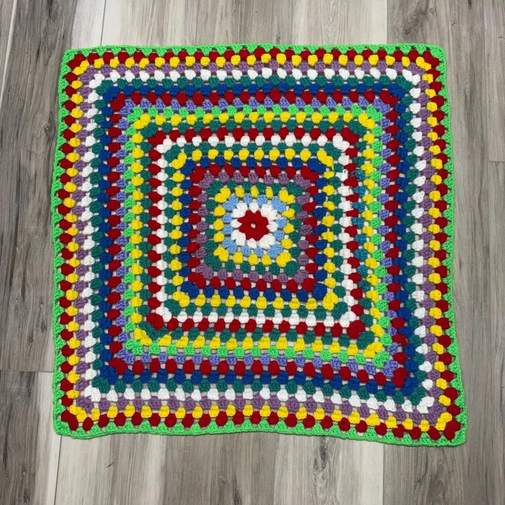Handmade Crochet Granny Square Rainbow Afghan Throw Blanket Multi Color 27x27